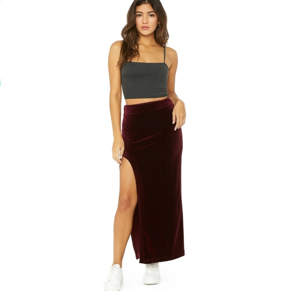 Forever21 Burgundy Stretch Velvet High Slit Long Long Skirt - Picture 1 of 9